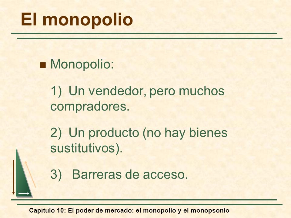 El monopolio Monopolio: 1) Un vendedor, pero muchos compradores.