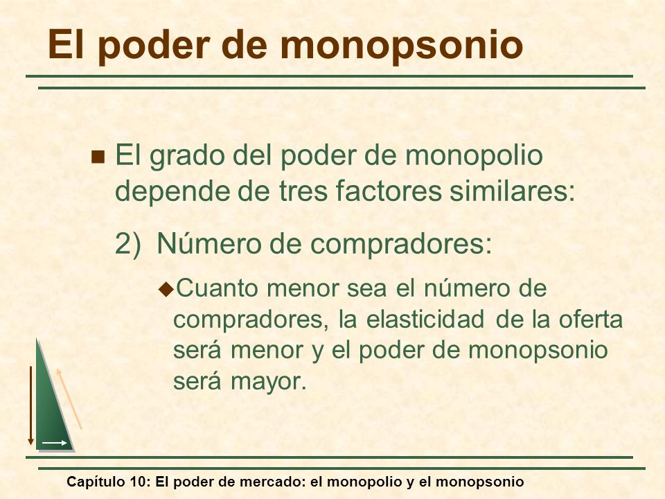 El poder de monopsonio El grado del poder de monopolio depende de tres factores similares: 2) Número de compradores: