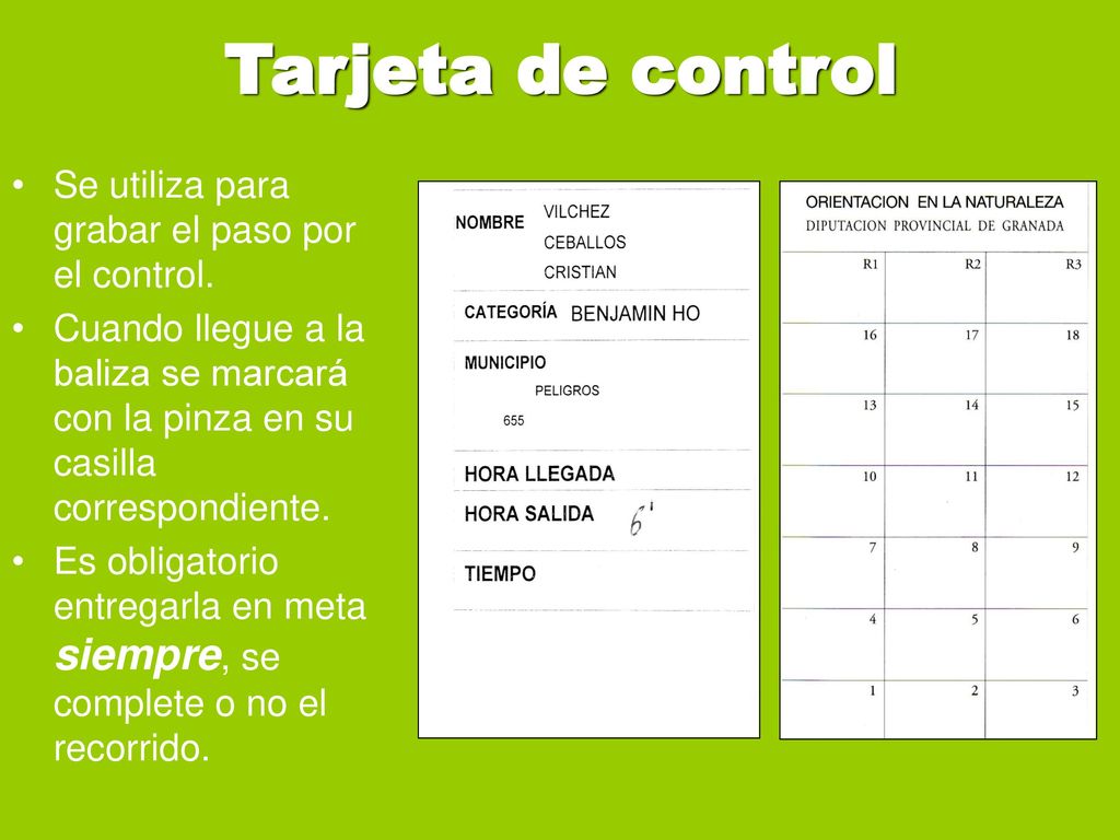 Tarjeta de control Se utiliza para grabar el paso por el control.