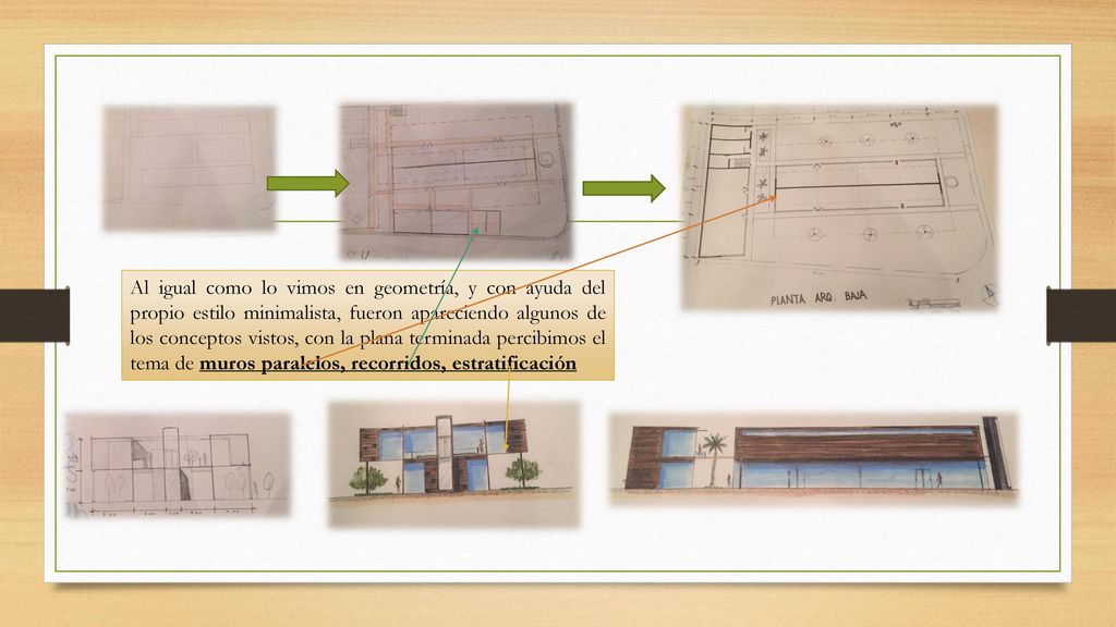 Al igual como lo vimos en geometría, y con ayuda del propio estilo minimalista, fueron apareciendo algunos de los conceptos vistos, con la plana terminada percibimos el tema de muros paralelos, recorridos, estratificación
