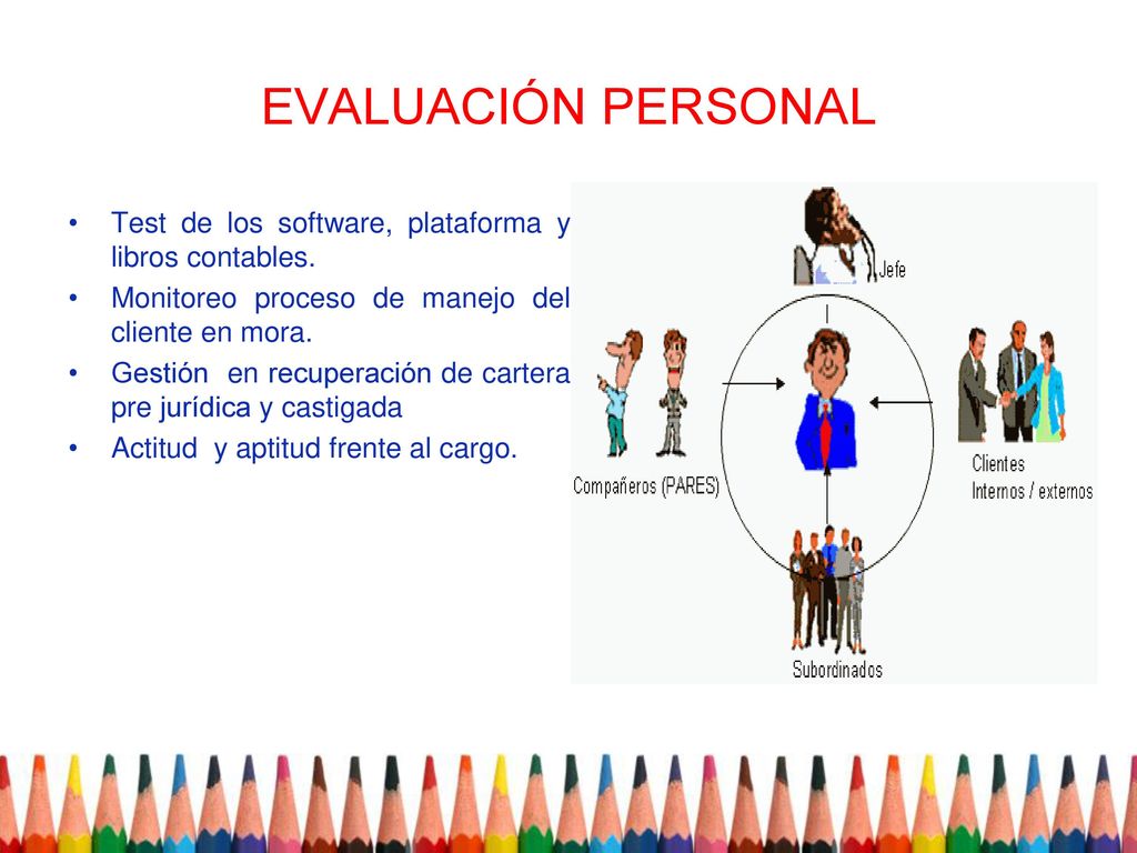 EVALUACIÓN PERSONAL Test de los software, plataforma y libros contables. Monitoreo proceso de manejo del cliente en mora.