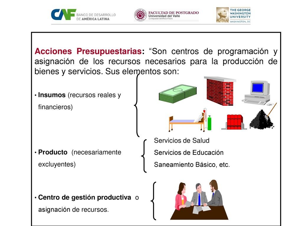 Acciones Presupuestarias: Son centros de programación y asignación de los recursos necesarios para la producción de bienes y servicios. Sus elementos son: