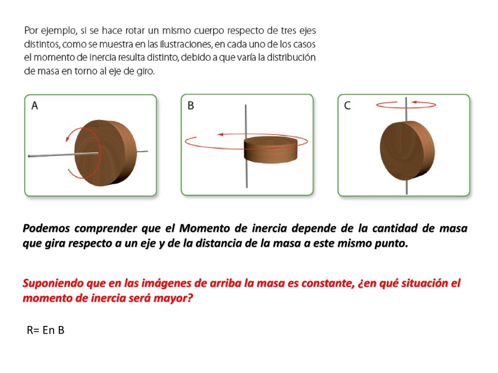 Podemos comprender que el Momento de inercia depende de la cantidad de masa que gira respecto a un eje y de la distancia de la masa a este mismo punto.