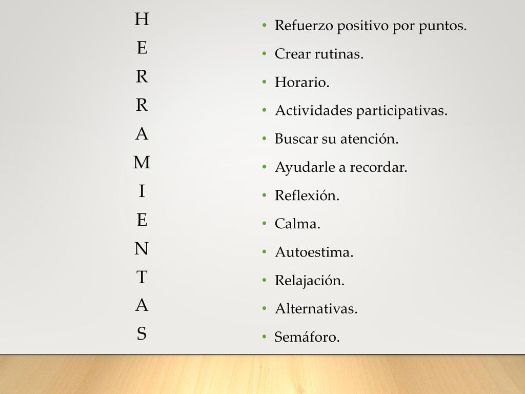 HERRAMIENTAS Refuerzo positivo por puntos. Crear rutinas. Horario.
