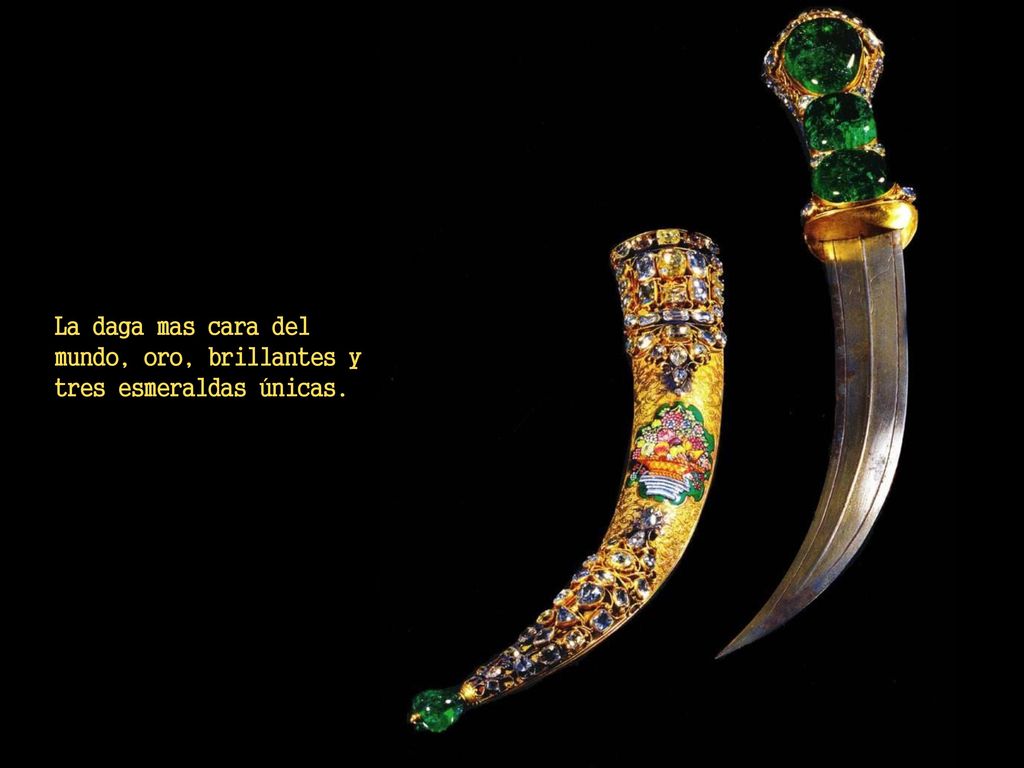 La daga mas cara del mundo, oro, brillantes y tres esmeraldas únicas.