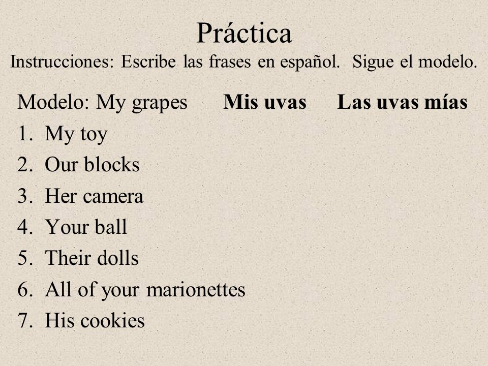 Práctica Instrucciones: Escribe las frases en español. Sigue el modelo.