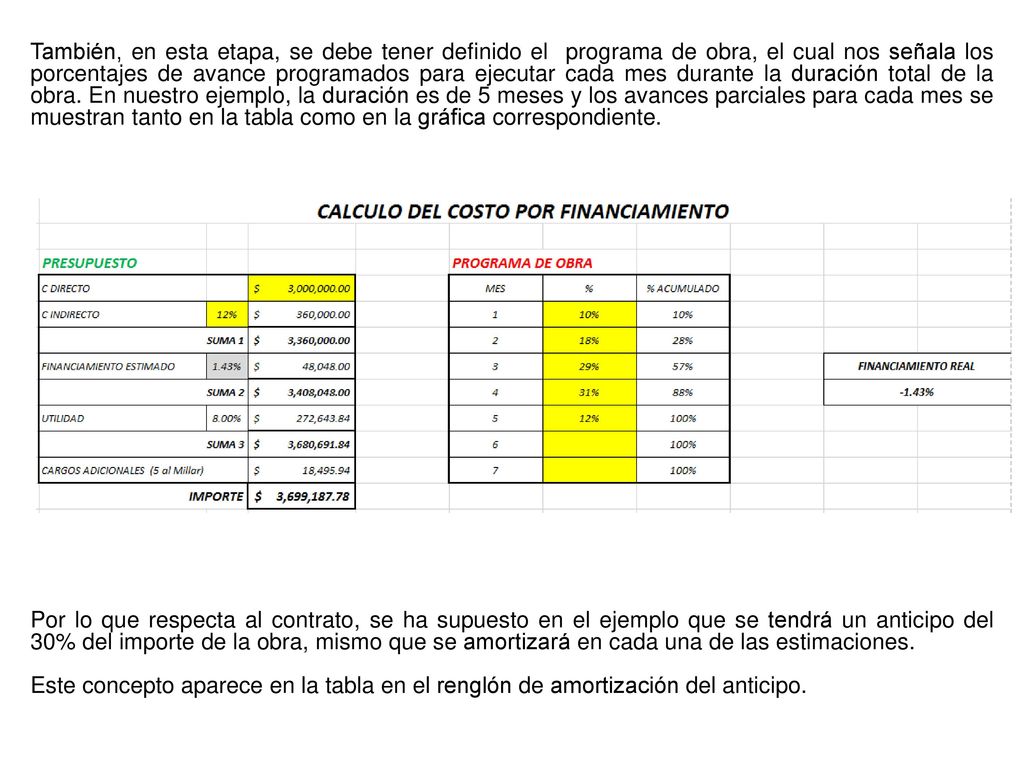 También, en esta etapa, se debe tener definido el programa de obra, el cual nos señala los porcentajes de avance programados para ejecutar cada mes durante la duración total de la obra. En nuestro ejemplo, la duración es de 5 meses y los avances parciales para cada mes se muestran tanto en la tabla como en la gráfica correspondiente.