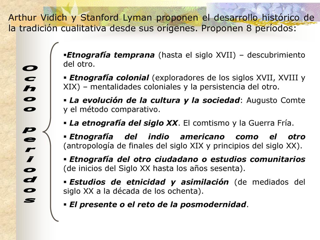 Arthur Vidich y Stanford Lyman proponen el desarrollo histórico de la tradición cualitativa desde sus orígenes. Proponen 8 períodos: