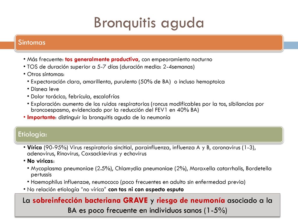 Bronquitis aguda Síntomas. Más frecuente: tos generalmente productiva, con empeoramiento nocturno.