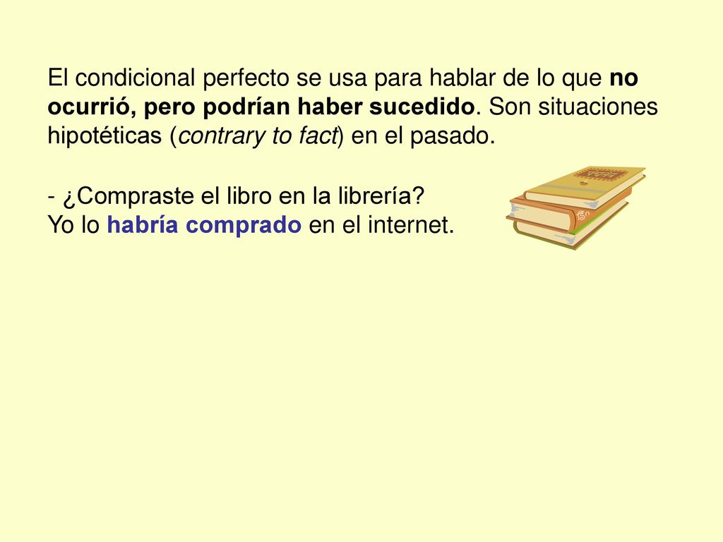 El condicional perfecto se usa para hablar de lo que no ocurrió, pero podrían haber sucedido. Son situaciones hipotéticas (contrary to fact) en el pasado.