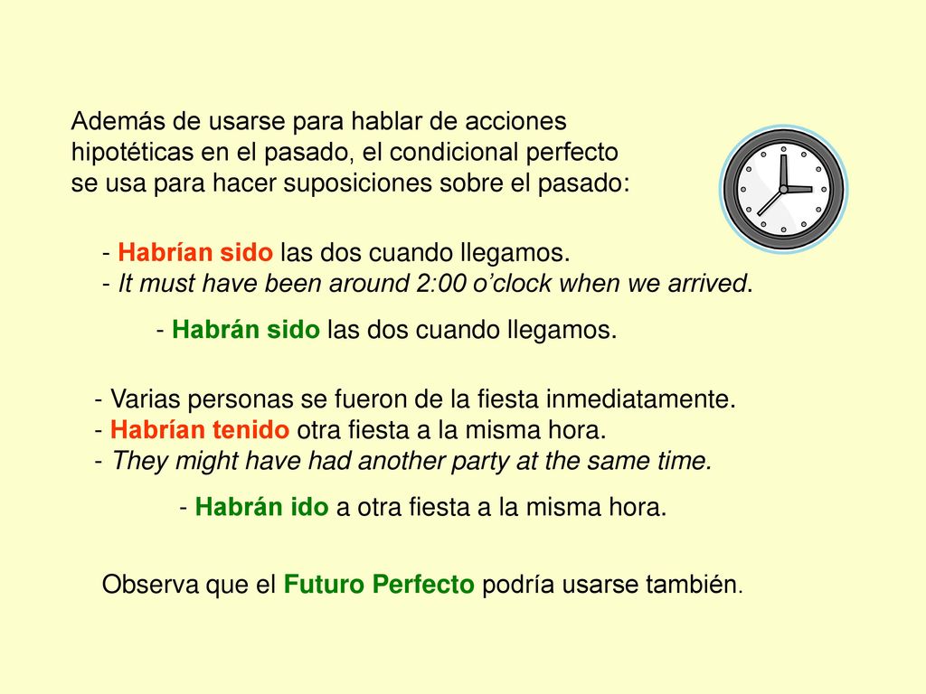 Además de usarse para hablar de acciones hipotéticas en el pasado, el condicional perfecto se usa para hacer suposiciones sobre el pasado: