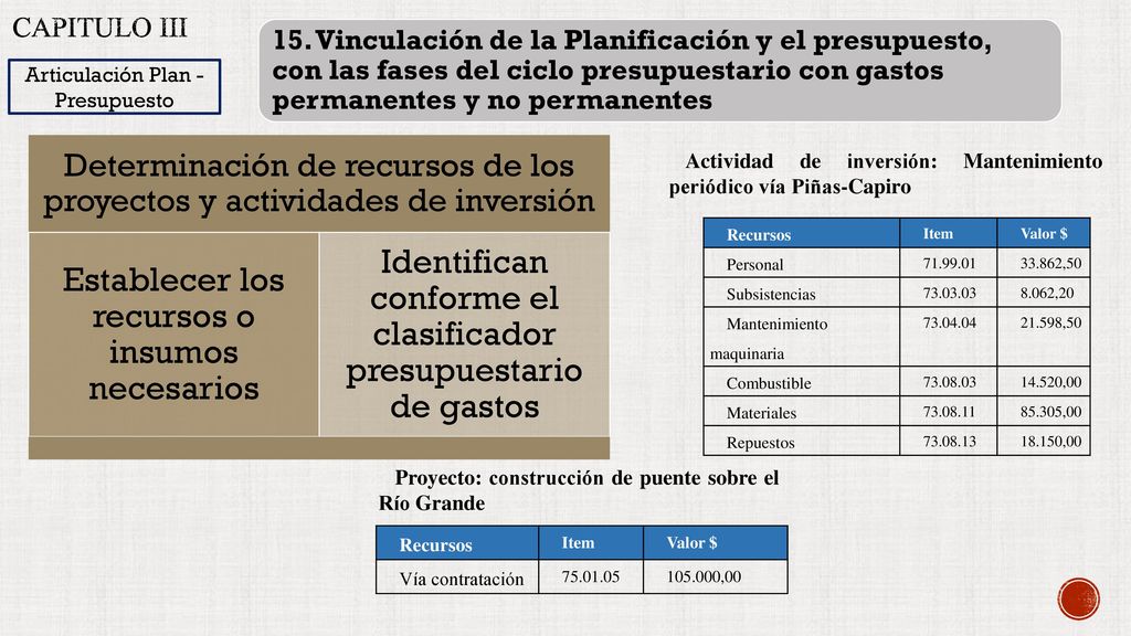 Capitulo III 15. Vinculación de la Planificación y el presupuesto, con las fases del ciclo presupuestario con gastos permanentes y no permanentes.