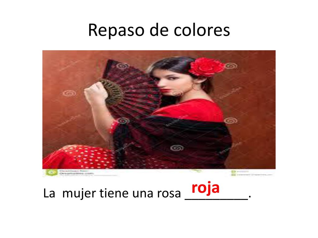 Repaso de colores roja La mujer tiene una rosa _________.
