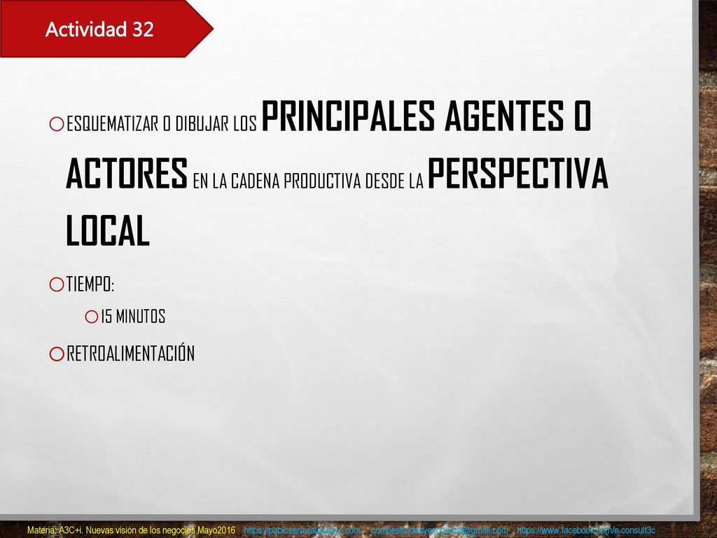 Actividad 32 Esquematizar o dibujar los principales agentes o actores en la cadena productiva desde la perspectiva local.