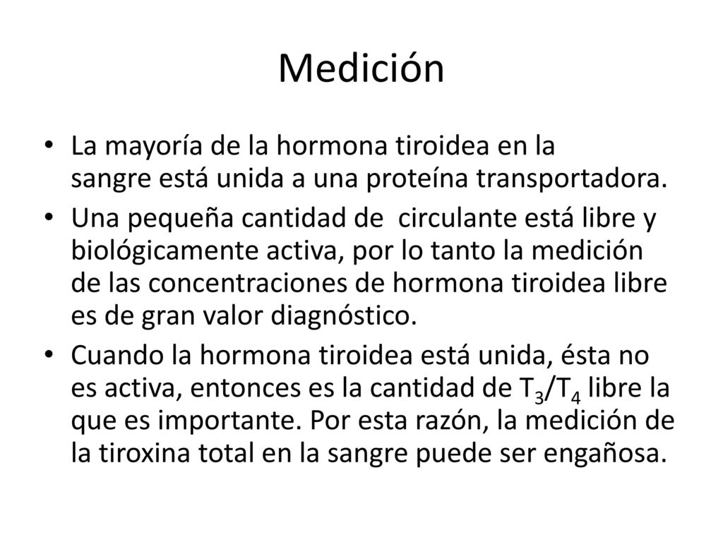 Medición La mayoría de la hormona tiroidea en la sangre está unida a una proteína transportadora.