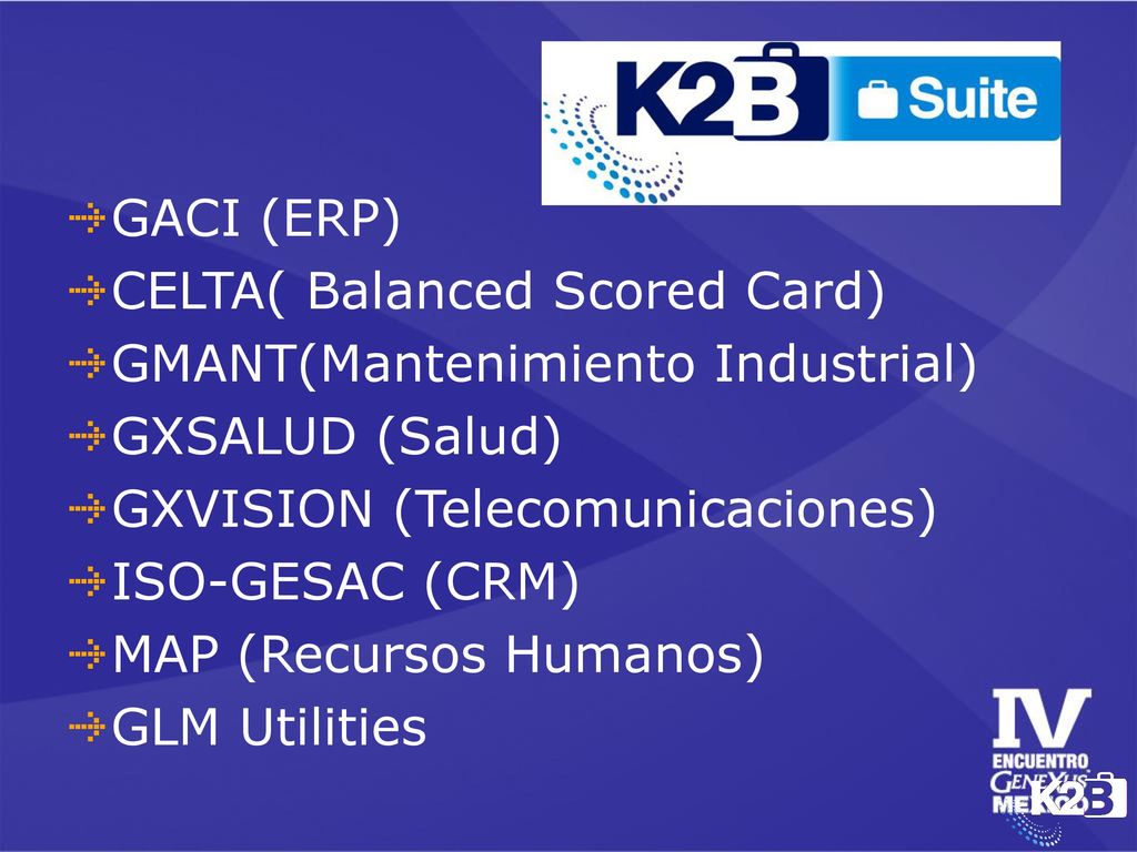 GACI (ERP) CELTA( Balanced Scored Card) GMANT(Mantenimiento Industrial) GXSALUD (Salud) GXVISION (Telecomunicaciones)