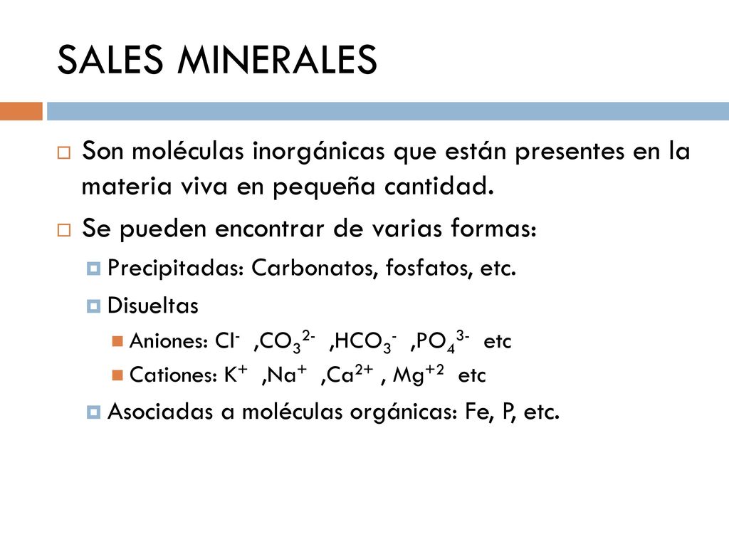 SALES MINERALES Son moléculas inorgánicas que están presentes en la materia viva en pequeña cantidad.
