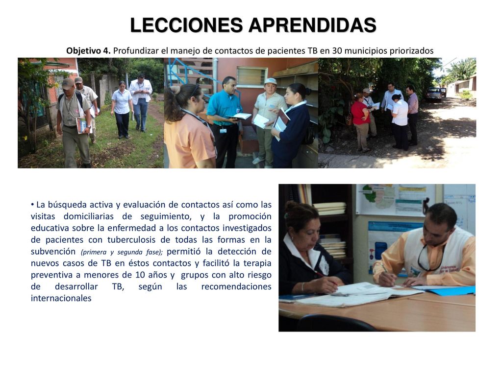 LECCIONES APRENDIDAS Objetivo 4. Profundizar el manejo de contactos de pacientes TB en 30 municipios priorizados.