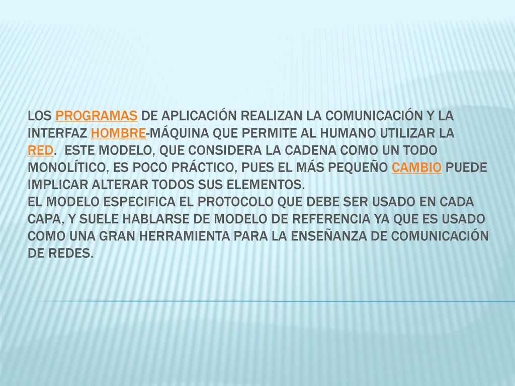 Los programas de aplicación realizan la comunicación y la interfaz hombre-máquina que permite al humano utilizar la red. Este modelo, que considera la cadena como un todo monolítico, es poco práctico, pues el más pequeño cambio puede implicar alterar todos sus elementos.