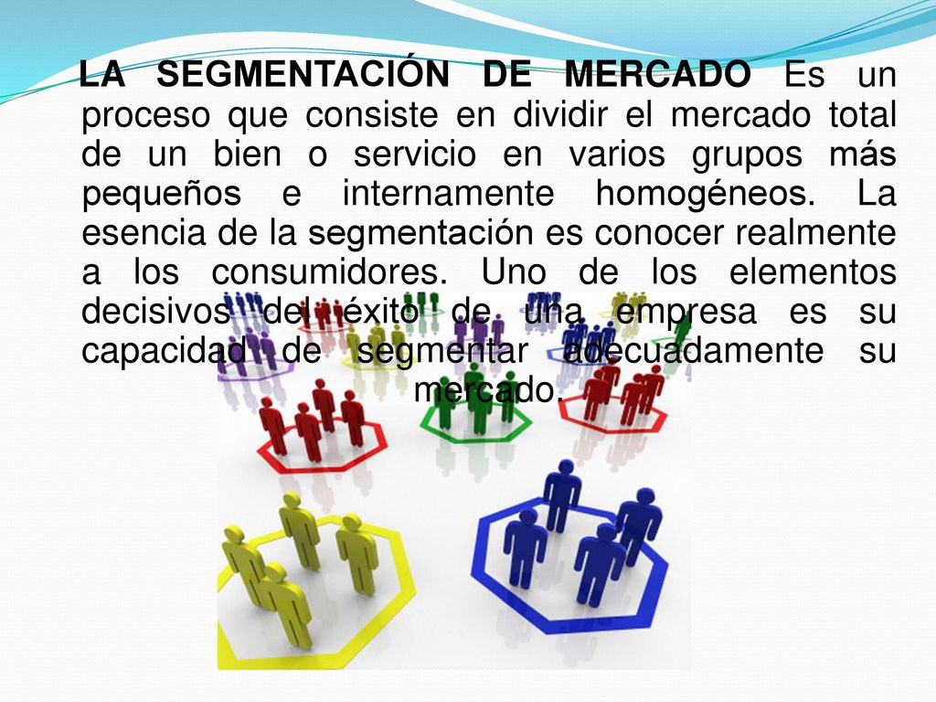 LA SEGMENTACIÓN DE MERCADO Es un proceso que consiste en dividir el mercado total de un bien o servicio en varios grupos más pequeños e internamente homogéneos.