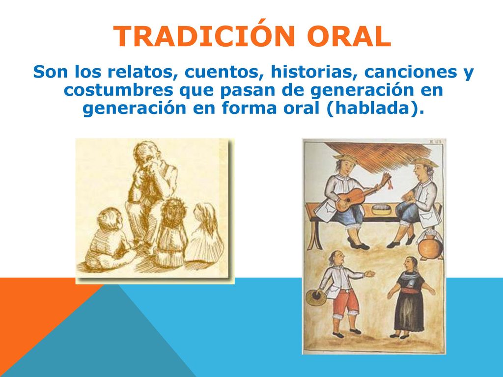 tradiciÓn oral Son los relatos, cuentos, historias, canciones y costumbres que pasan de generación en generación en forma oral (hablada).