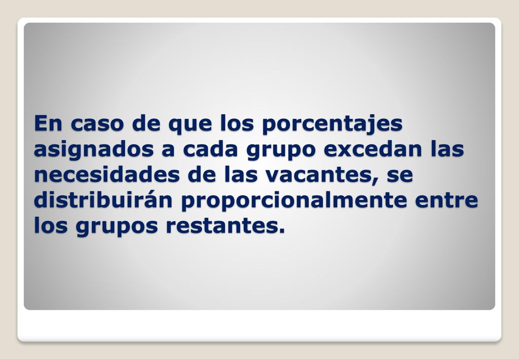 En caso de que los porcentajes asignados a cada grupo excedan las necesidades de las vacantes, se distribuirán proporcionalmente entre los grupos restantes.