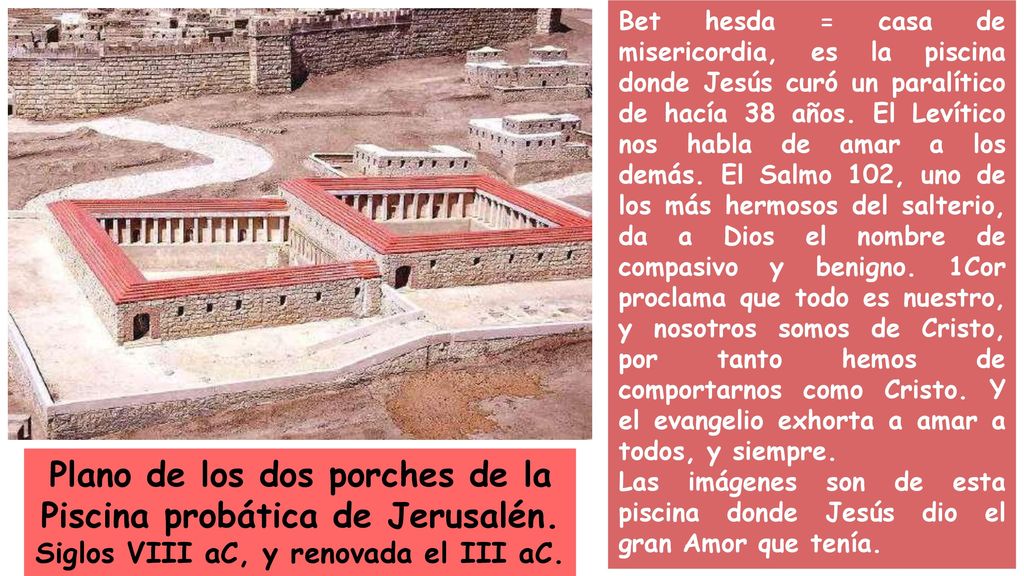 Bet hesda = casa de misericordia, es la piscina donde Jesús curó un paralítico de hacía 38 años. El Levítico nos habla de amar a los demás. El Salmo 102, uno de los más hermosos del salterio, da a Dios el nombre de compasivo y benigno. 1Cor proclama que todo es nuestro, y nosotros somos de Cristo, por tanto hemos de comportarnos como Cristo. Y el evangelio exhorta a amar a todos, y siempre.
