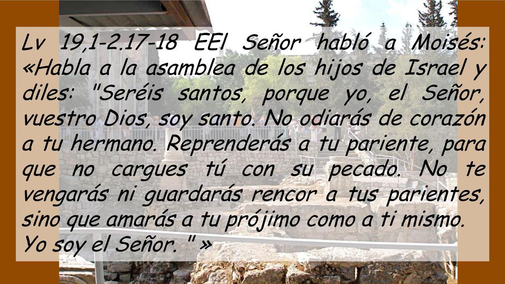 Lv 19, EEl Señor habló a Moisés: «Habla a la asamblea de los hijos de Israel y diles: Seréis santos, porque yo, el Señor, vuestro Dios, soy santo. No odiarás de corazón a tu hermano. Reprenderás a tu pariente, para que no cargues tú con su pecado. No te vengarás ni guardarás rencor a tus parientes, sino que amarás a tu prójimo como a ti mismo.