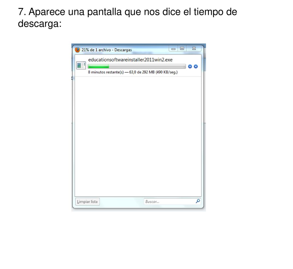 7. Aparece una pantalla que nos dice el tiempo de descarga:
