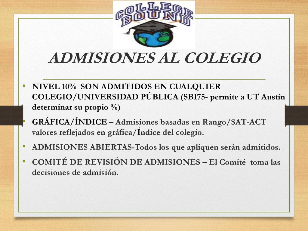 ADMISIONES AL COLEGIO NIVEL 10% SON ADMITIDOS EN CUALQUIER COLEGIO/UNIVERSIDAD PÚBLICA (SB175- permite a UT Austin determinar su propio %)