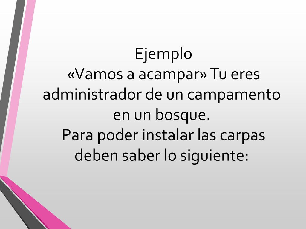 Ejemplo «Vamos a acampar» Tu eres administrador de un campamento en un bosque.