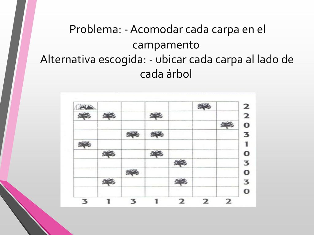 Problema: - Acomodar cada carpa en el campamento Alternativa escogida: - ubicar cada carpa al lado de cada árbol