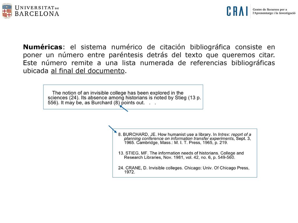 Numéricas: el sistema numérico de citación bibliográfica consiste en poner un número entre paréntesis detrás del texto que queremos citar.