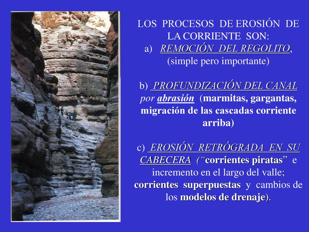 LOS PROCESOS DE EROSIÓN DE LA CORRIENTE SON: a) REMOCIÓN DEL REGOLITO, (simple pero importante) b) PROFUNDIZACIÓN DEL CANAL por abrasión (marmitas, gargantas, migración de las cascadas corriente arriba) c) EROSIÓN RETRÓGRADA EN SU CABECERA ( corrientes piratas e incremento en el largo del valle; corrientes superpuestas y cambios de los modelos de drenaje).