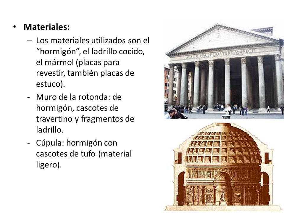Materiales: Los materiales utilizados son el hormigón , el ladrillo cocido, el mármol (placas para revestir, también placas de estuco).