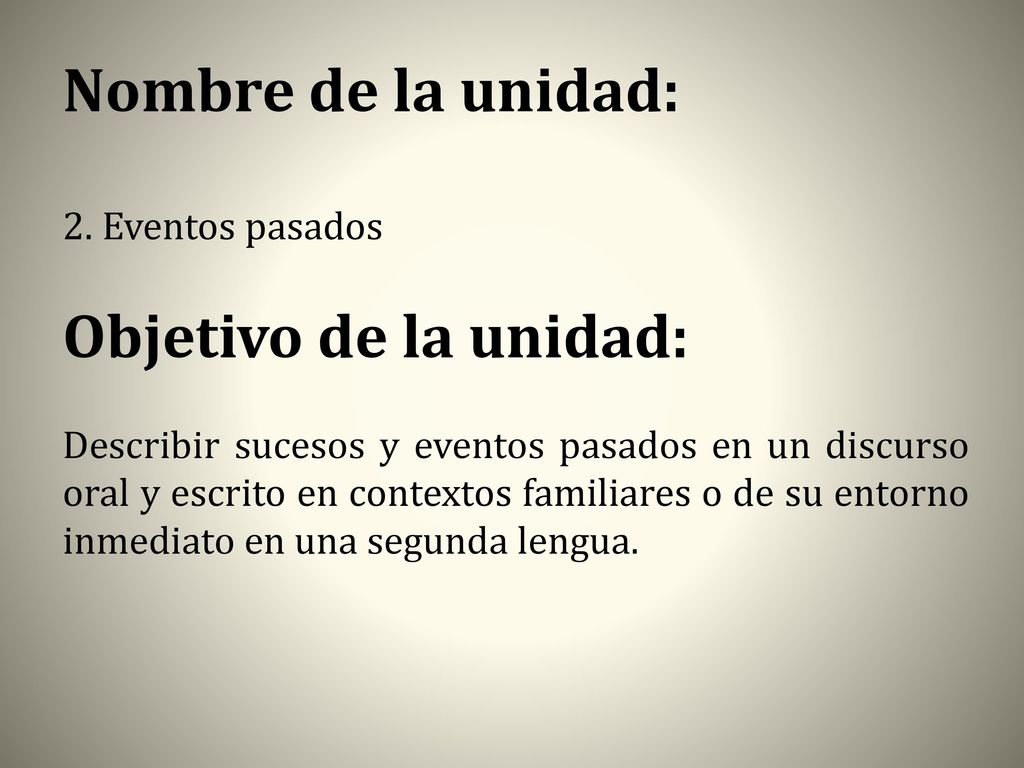 Nombre de la unidad: Objetivo de la unidad: 2. Eventos pasados