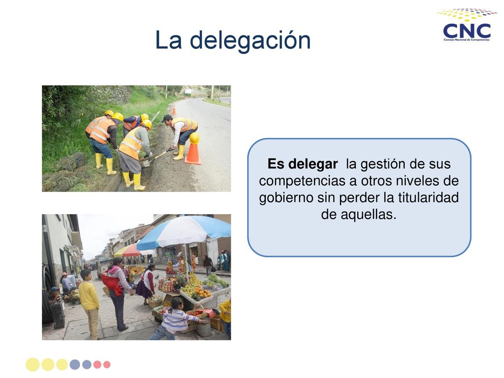 La delegación Es delegar la gestión de sus competencias a otros niveles de gobierno sin perder la titularidad de aquellas.