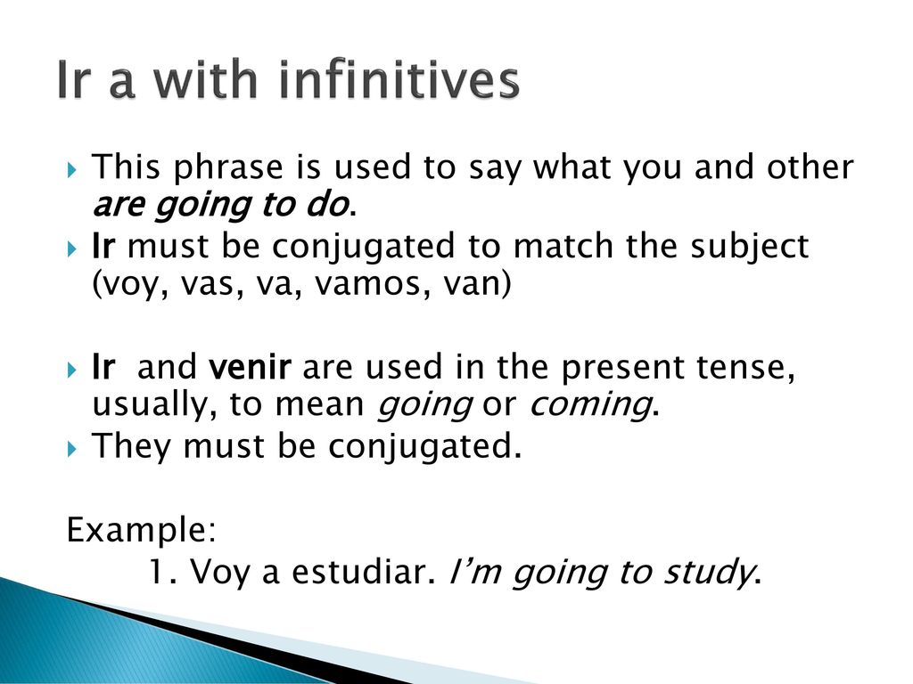 Ir a with infinitives This phrase is used to say what you and other are going to do.