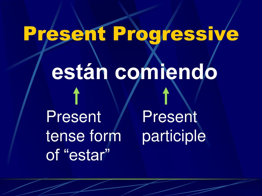 Present Progressive están comiendo Present tense form of estar