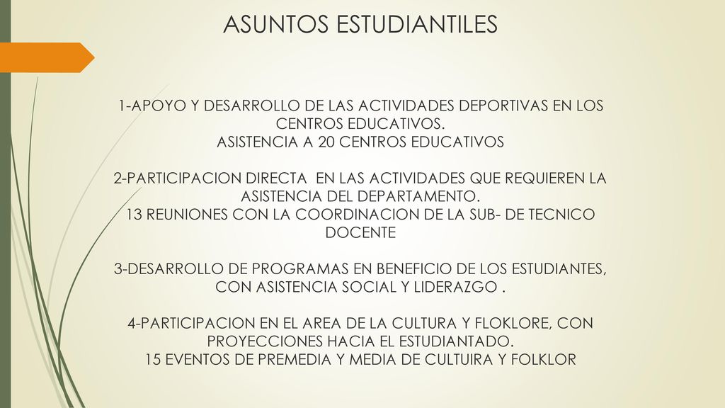 ASUNTOS ESTUDIANTILES 1-APOYO Y DESARROLLO DE LAS ACTIVIDADES DEPORTIVAS EN LOS CENTROS EDUCATIVOS.