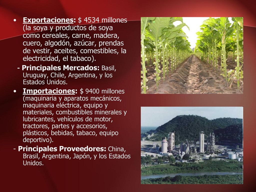 Exportaciones: $ 4534 millones (la soya y productos de soya como cereales, carne, madera, cuero, algodón, azúcar, prendas de vestir, aceites, comestibles, la electricidad, el tabaco).