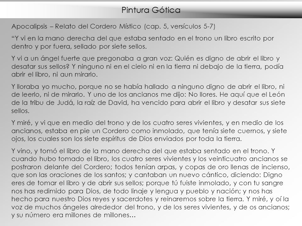 Pintura Gótica Apocalipsis – Relato del Cordero Místico (cap. 5, versículos 5-7)