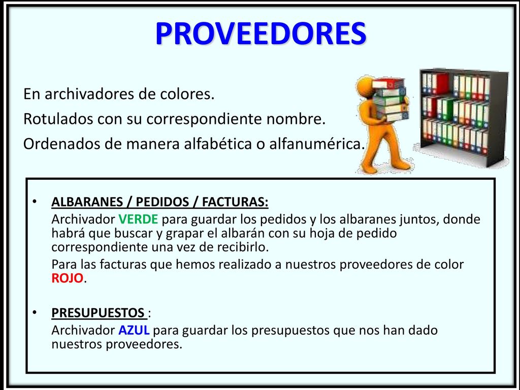 PROVEEDORES En archivadores de colores.