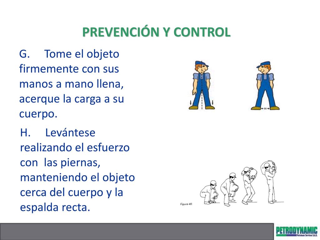PREVENCIÓN Y CONTROL G. Tome el objeto firmemente con sus manos a mano llena, acerque la carga a su cuerpo.