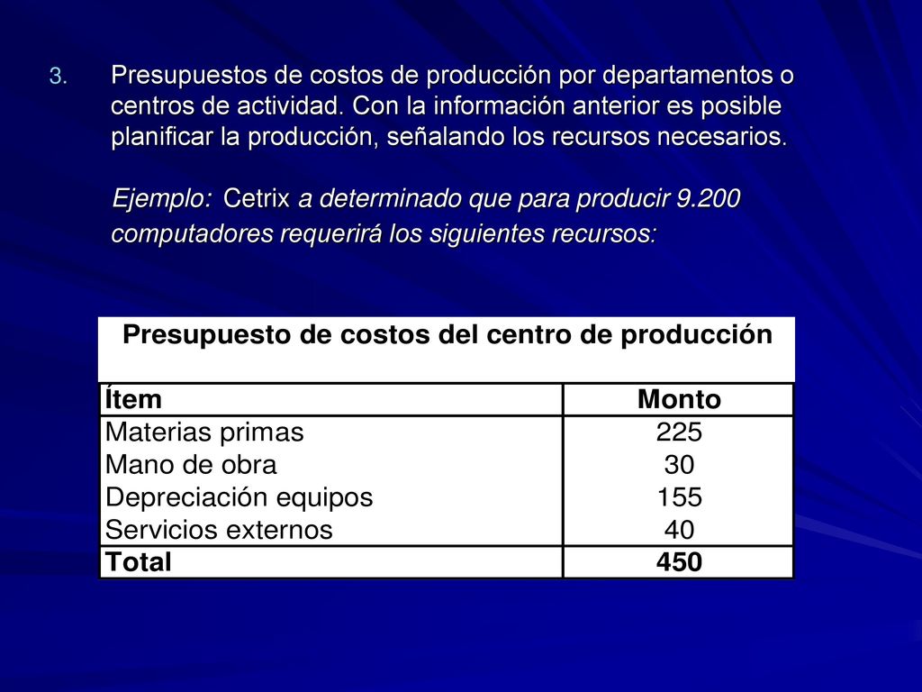 Presupuestos de costos de producción por departamentos o centros de actividad. Con la información anterior es posible planificar la producción, señalando los recursos necesarios.