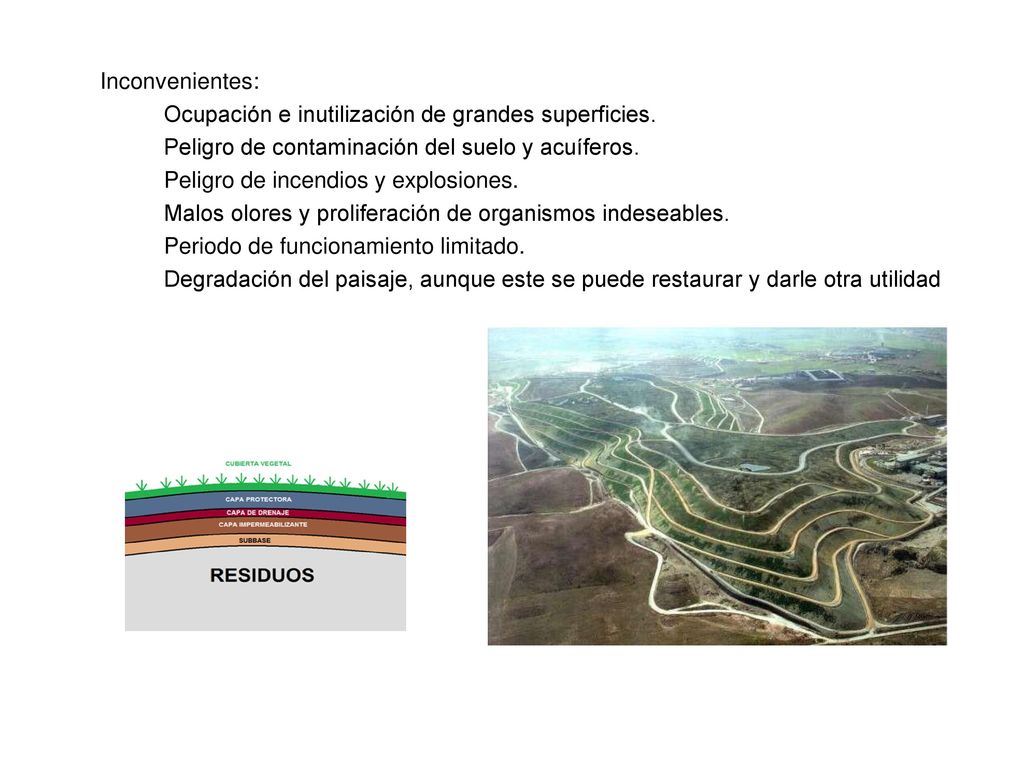 Inconvenientes: Ocupación e inutilización de grandes superficies. Peligro de contaminación del suelo y acuíferos.
