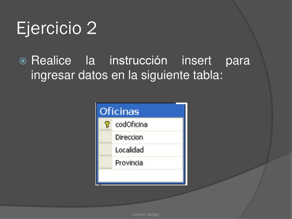 Ejercicio 2 Realice la instrucción insert para ingresar datos en la siguiente tabla: Andrés Vargas
