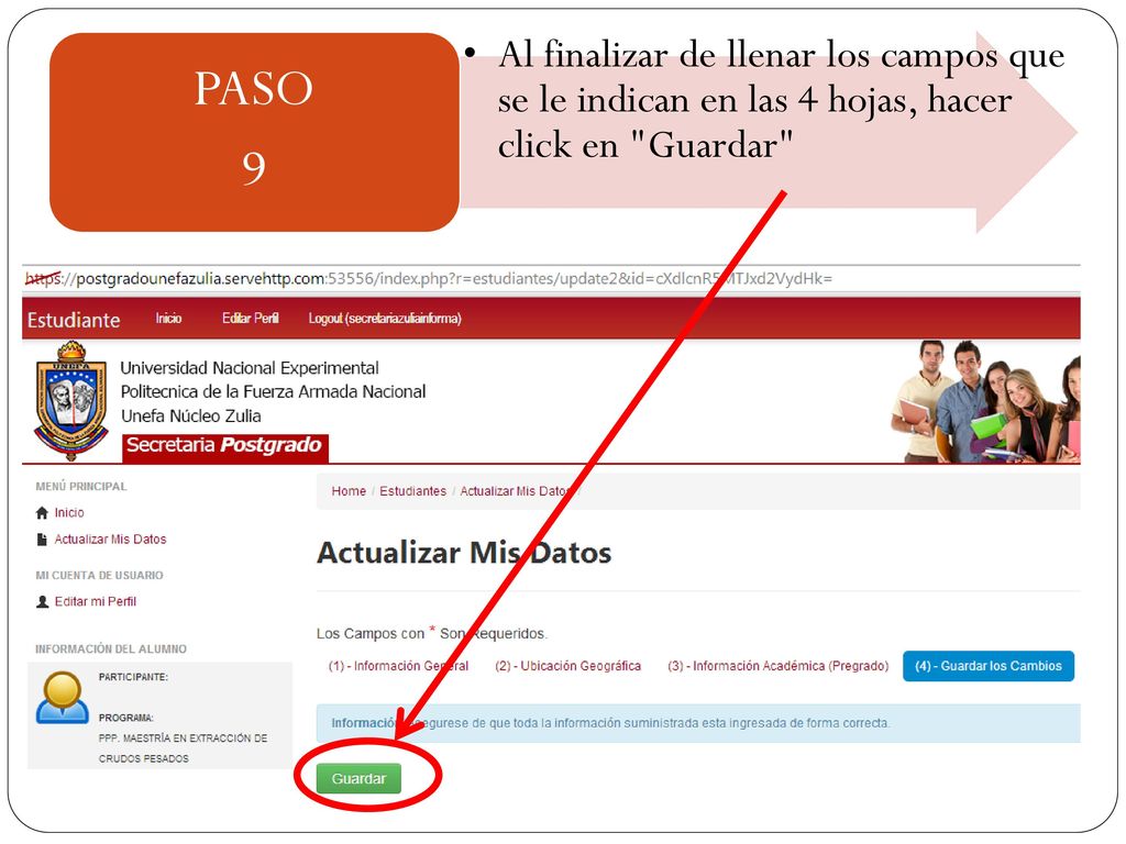 Al finalizar de llenar los campos que se le indican en las 4 hojas, hacer click en Guardar
