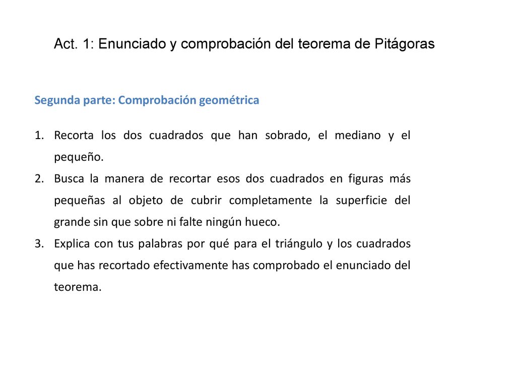 Act. 1: Enunciado y comprobación del teorema de Pitágoras