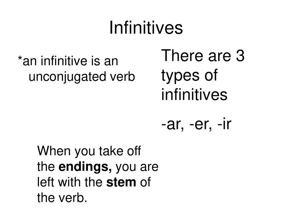 Infinitives There are 3 types of infinitives -ar, -er, -ir